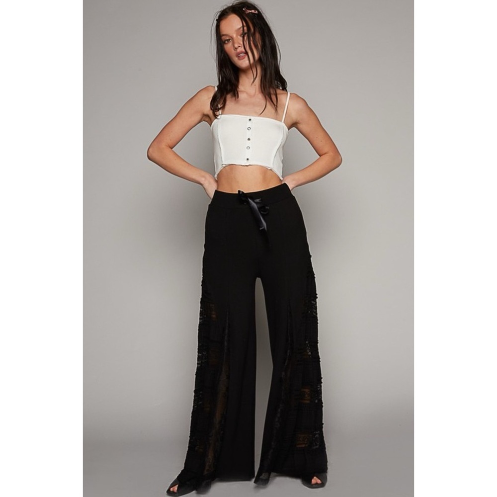 POL Black Rib Knit Lace Panel Flare Pants | Patchwork Wide Leg Pull On - Picture 3 of 13